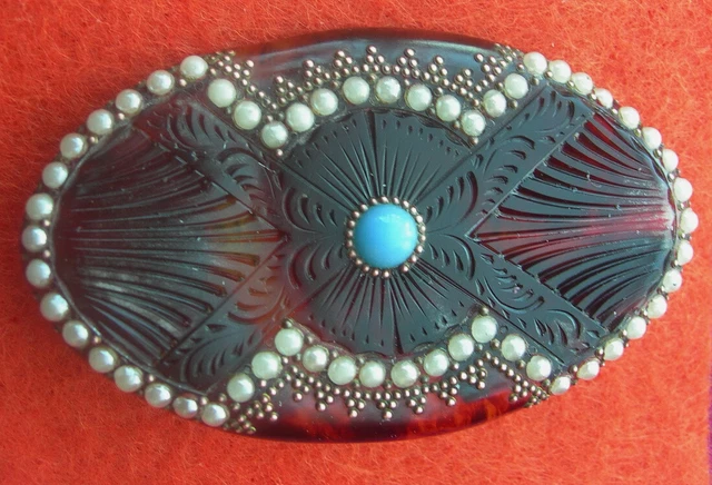 art déco BROCHE celluloïd faux écaille + perles+ cabochon bleu+ pastilles métal