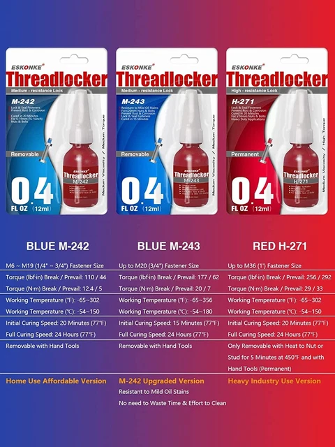 Blue Threadlocker M-242 Medium Strength 0.4 Oz12 ml Lock Tight & Seal Fastene