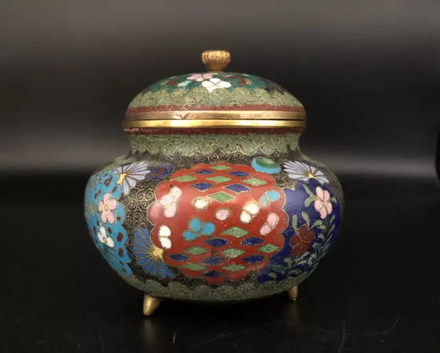 Antique Chinese Cloisonné Enamel Round Lidded Censer Pot