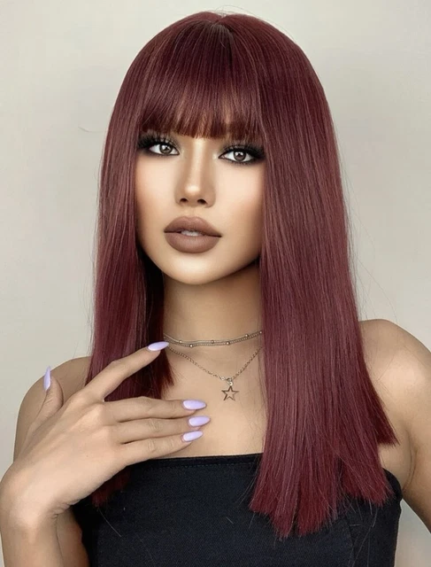 Perruque Synthétique Longue Rouge Lisse Avec Frange - Bonnet Monofilament, Taille Moyenne, Neuve