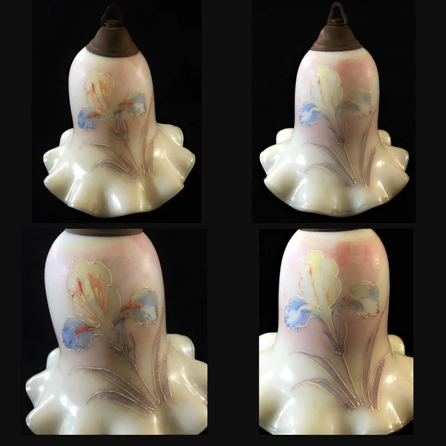 Superbe Tulipe Ancienne Verre Opaline Décor Émaillé Iris Art Nouveau 1900