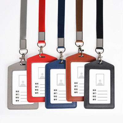 Leather ID Badge Card Holder Double-Sided Neck Strap Lanyard Necklace Wallet