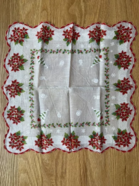 Vintage Christmas Handkerchief Hanky Poinsettias Trees Ornaments Scalloped Edge