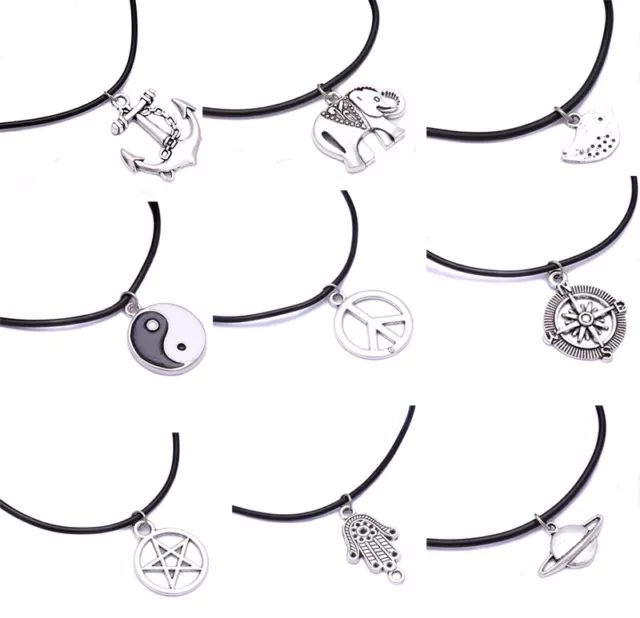 Leather Cord Choker Silver Plated Charm Necklace Pendant Hippy For Women Men