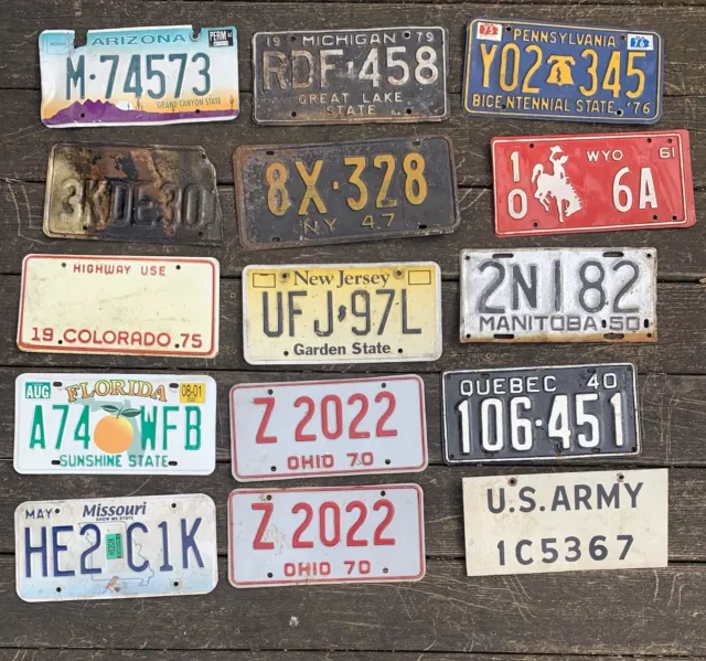 15 Vintage License Plates From 12 US States 2 Canadian Provinces 1 US Army Tags