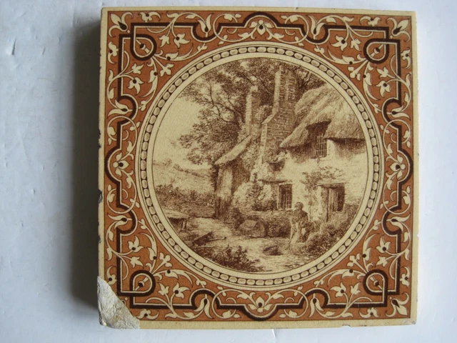 ANTIQUE VICTORIAN MINTONS L.T. SWETNAM LANDSCAPE TILE  - COTTAGE & LADY c1890