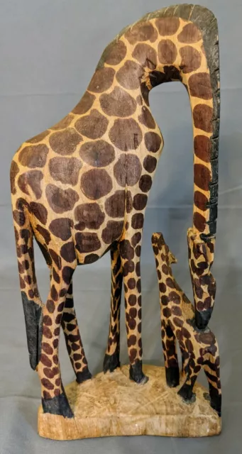 Hand Carved Wood Mother Giraffe and Calf Figurine 12" Tall Made In Kenya