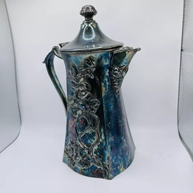 Vintage Silver Tea Or Coffee Pot Tarnished Blue Color Hinged Embossed Floral