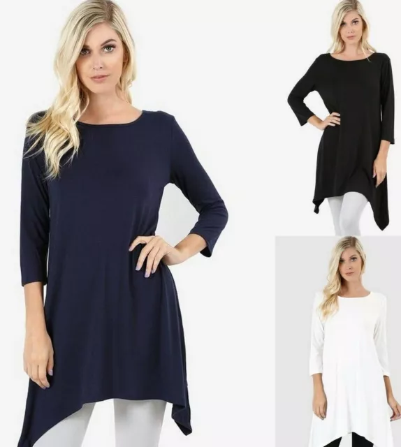 Good Quality Buttery Soft Round Neck 3/4 Sleeve Asymmetric Hem Tunic Rayon Top