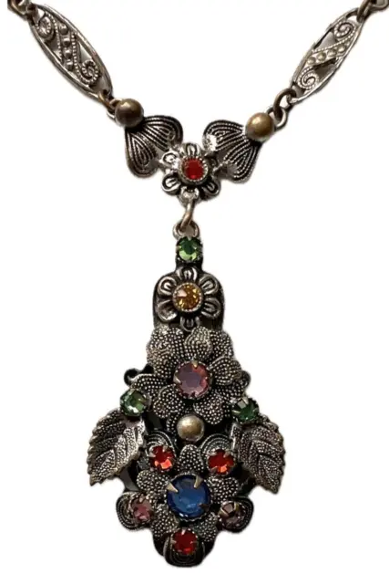 Intricato Ciondolo Art Déco Ceco Antico Anni '30 Collana Strass Insalata Frutta