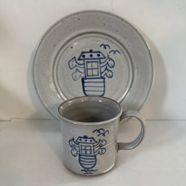 Owens Pottery Seagrove NC Noah’s Ark Childs Set Cup & Plate Gray Blue Salt Glaze