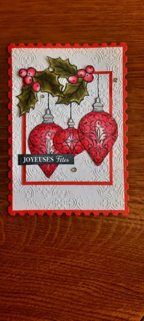 NEW Carte-Timbre "Joyeuses Fêtes" Boules De Noël/Houx/rouge/vert Fait Main NEW