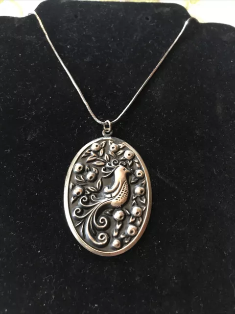 VTG 925 International Sterling Silver Oval Pendant Necklace 24” Peacock Bird
