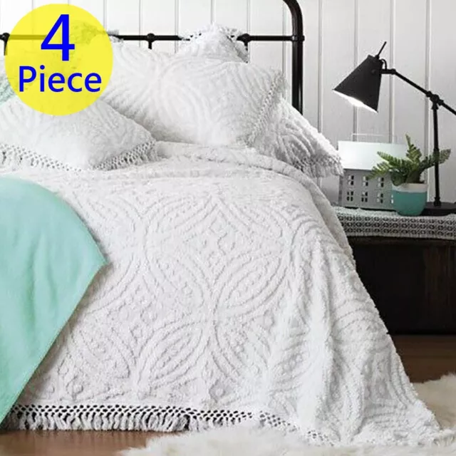 Bianca Kalia WHITE Soft Cotton Chenille KING Coverlet Bedspread Set. | 4 Piece