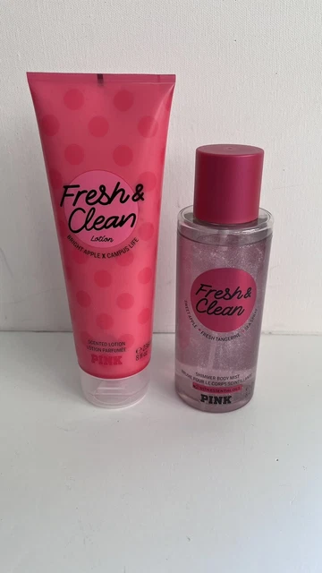 Victoria's Secret PINK FRESH & CLEAN SHIMMER Mist Spray & Lotion Lọt Of 2 New