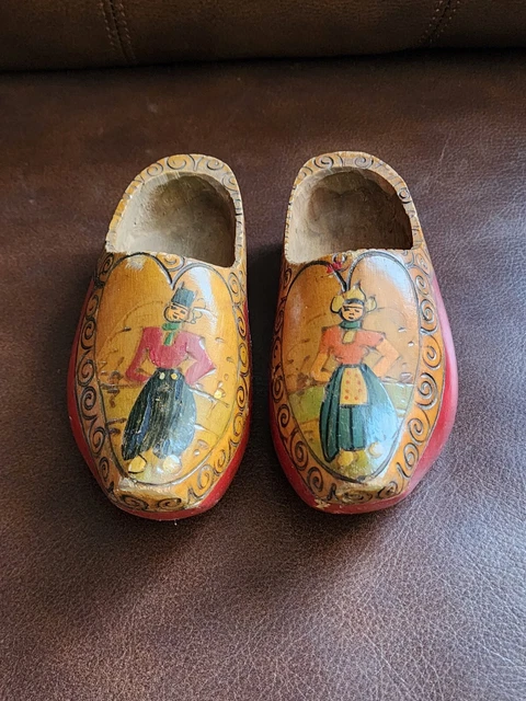 VTG Holland Dutch Hand Carved Wooden Wood Clogs Shoes Country Woman Picture
