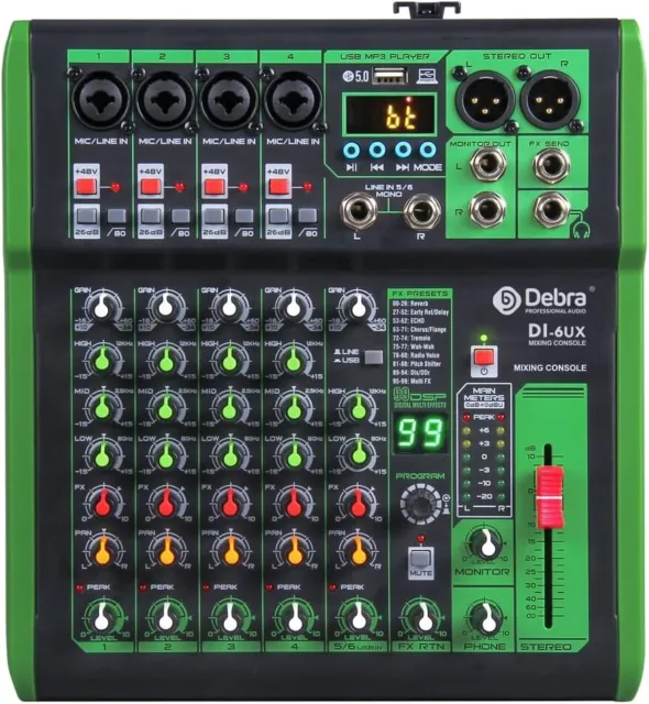 D Debra DI-6UX 6 Channel Professional Audio Mixer With 99 DSP Digital Effects