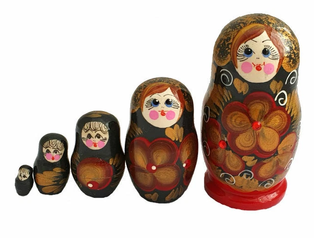 Poupée Russe Matriochka x5 Fleurs roses et tête dorée - Décoration