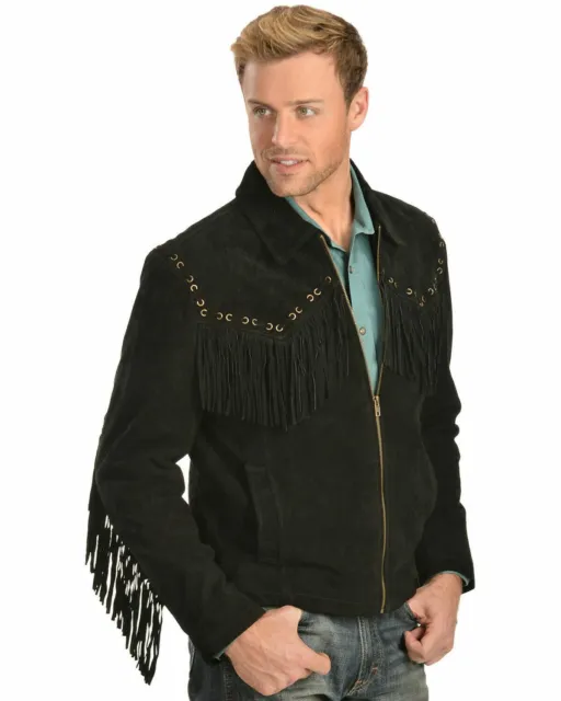 Men Black Suede Leather Jacket Fringed - Western Cowboy Style