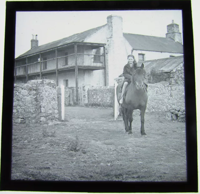 Glass Magic Lantern Slide YOUNG GIRL ON A PONY C1910