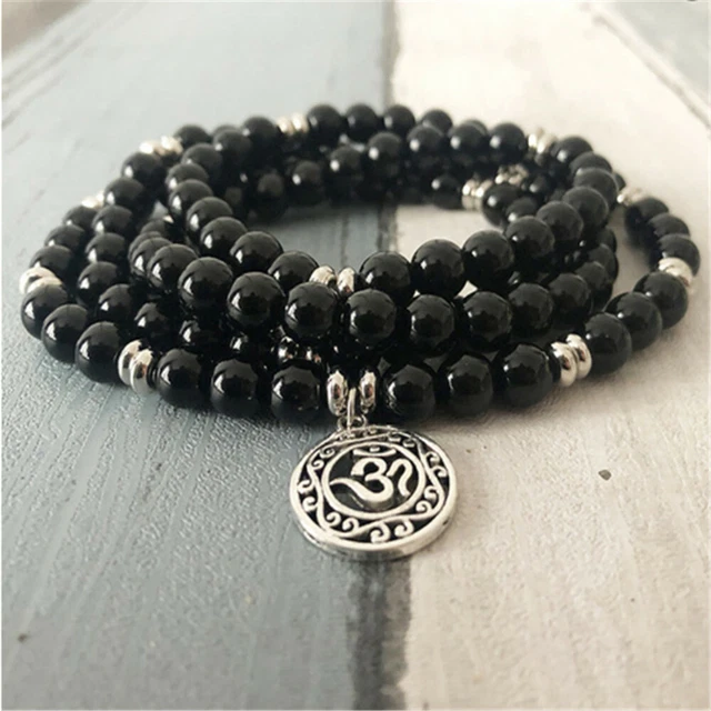8mm black agate gemstone 108 beads Mala bracelet Reiki Pray Cuff Bless Wrist