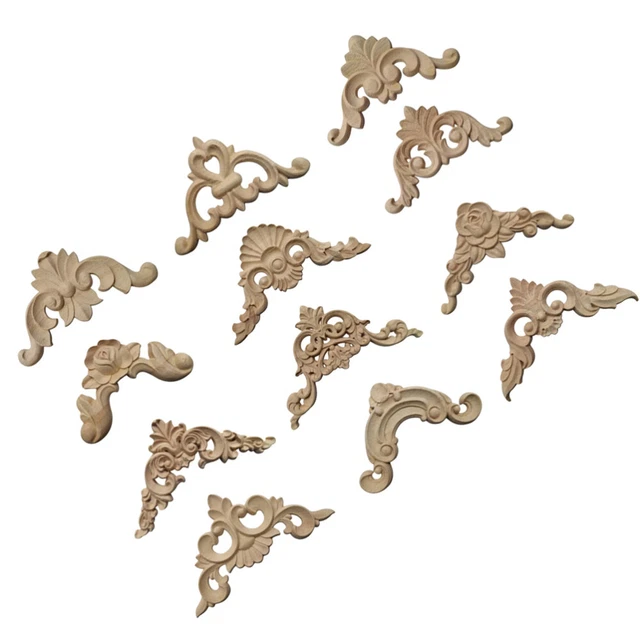 4 Appliques Intagliate In Legno Di Rovere: Decorazioni Per Mobili, 16x3 Cm, Da Verniciare, Fai-da-Te - 2