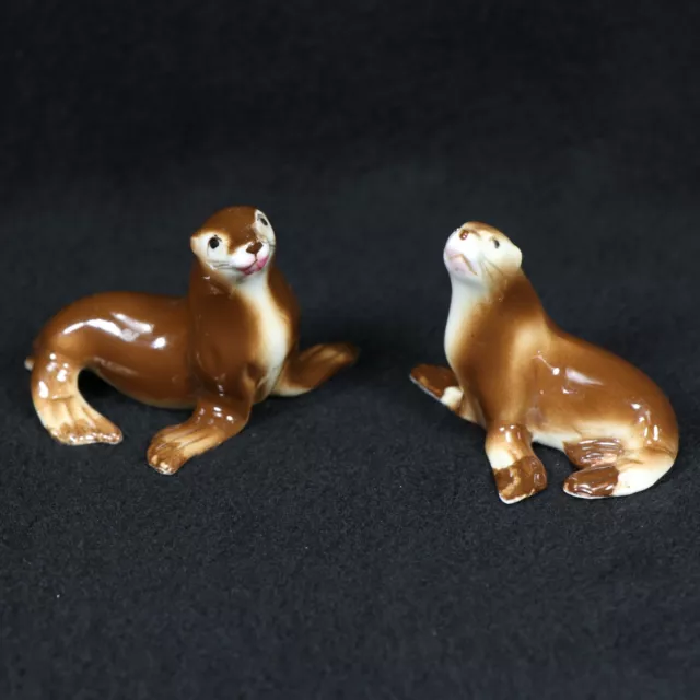 Miniature Seal Pair Figurines Pair Ceramic Brown Ocean Pacific Nautical Water
