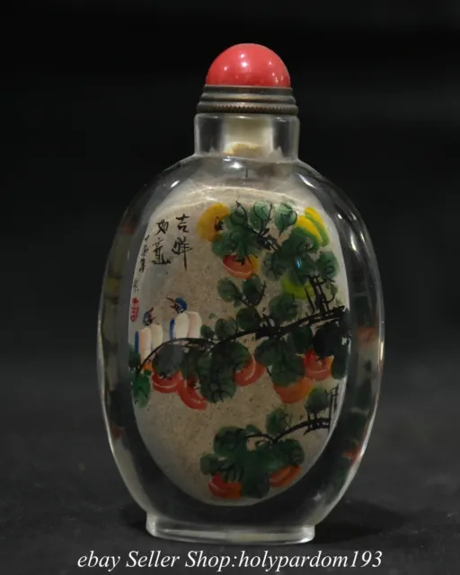 3.6" Old Chinese Glass Inner Painting Flower Bird Snuff box Snuff bottle Statue