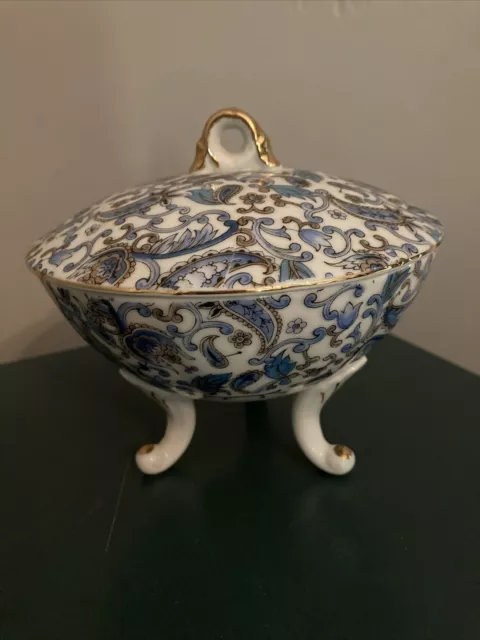 Lefton Japan Blue Paisley 3 Footed Candy Dish Bowl w/ Lid Gold Trim