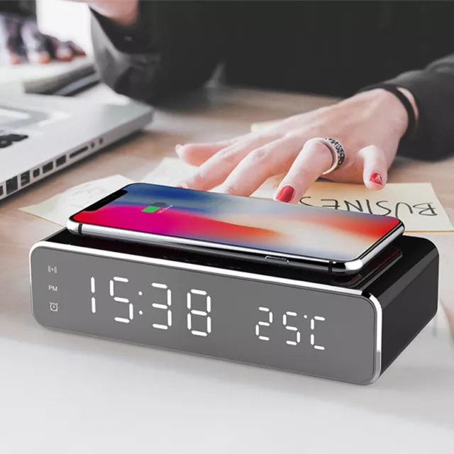 LED Electric Alarm Clock With Wireless Charger Desktop Digital Despertador Decor