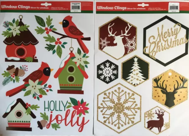 2-pk Merry Christmas Window Clings Holly Jolly Cardinal Birdhouse Deer Snowflake