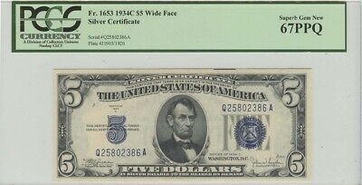 1934C $5 Silver Certificate FR# 1653 PCGS 67PPQ Superb Gem New Wide Face