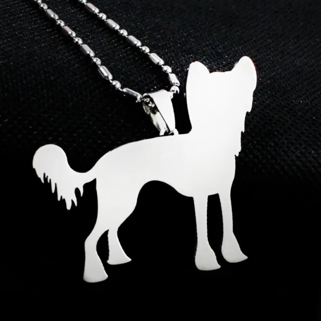 Stainless Steel Chinese Crested Puff Hairless Powderpuff Dog Pendant Necklace