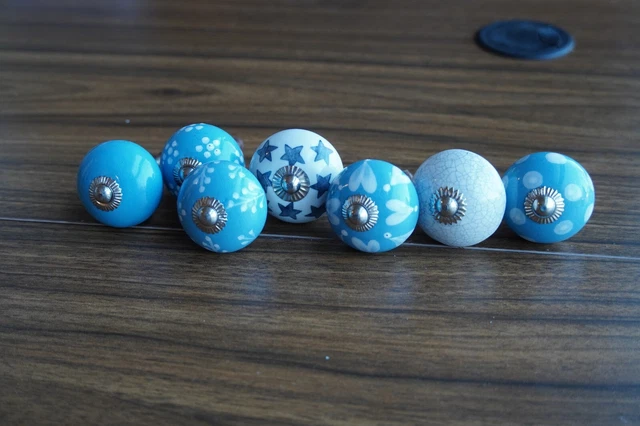 Lot of 7 Ceramic Cabinet Knobs Drawer Kitchen Dresser Furniture Door Round Blue