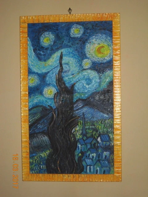 MEONI copia di van gogh  CON CORNICE NOTTE STELLATA  olio su faesite blu giallo