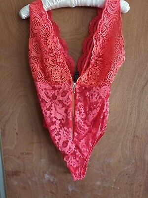Ann Summers Ann Summers Ontario Coral Orange Sleeveless Lace Zip Front Body 8 10  NWT 
