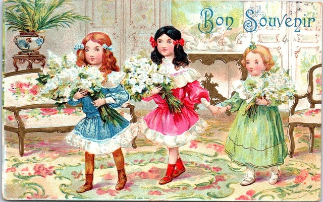 Carte Postale Ancienne – Fantaisie Enfant – Petite Fille Au Panier De Fleurs – Noyer – Couleur