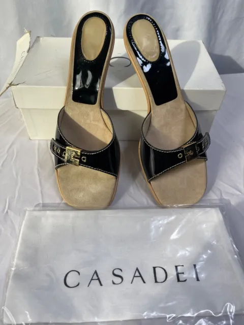 Casadei Patent Leather Black Clog Single Strap Kitten Heel Sandals w/Box Sz 10.5