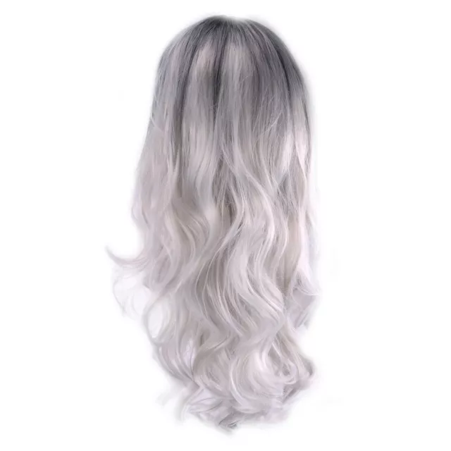 White Grey Silver Lace Front Wig Heat Resistant Synthetic Hair Long Wavy Wigs