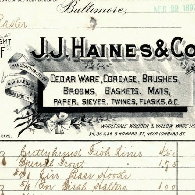 1897 Letterhead Billhead J.J. Haines Cedar Ware Mats Baltimore Ephraim Baker*