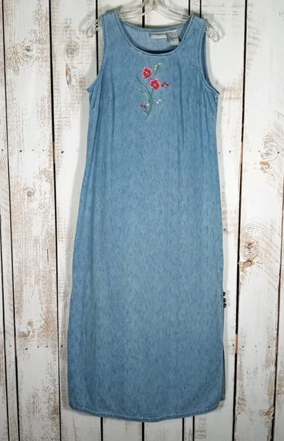 Vintage Long Denim Embroidered Flowers Maxi Dress Large Blue Cotton Sleeveless Vintage Long Denim Embroidered Flowers Maxi Dress Large Blue Cotton Sleeveless