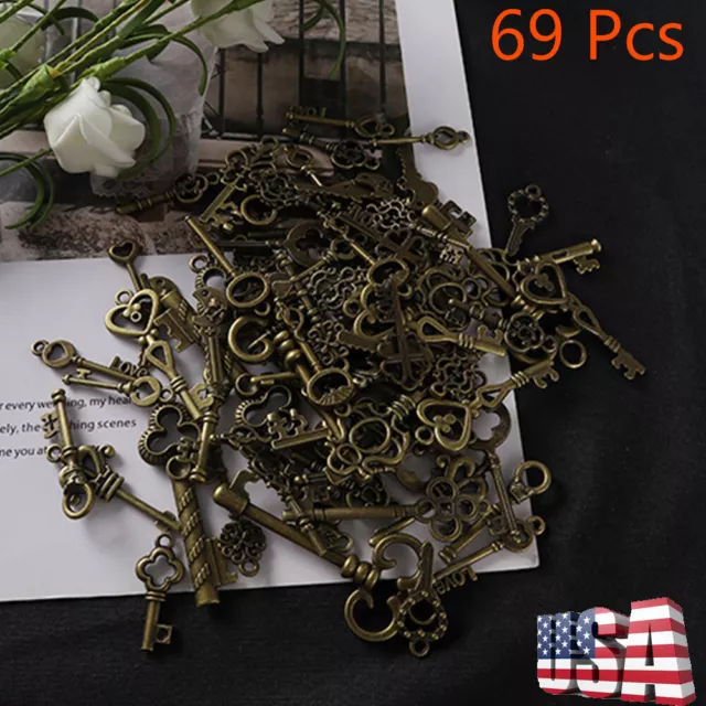 69 Pcs Set Antique Vintage Old Look Ornate Skeleton Key Fancy Heart Bow Decor US 2