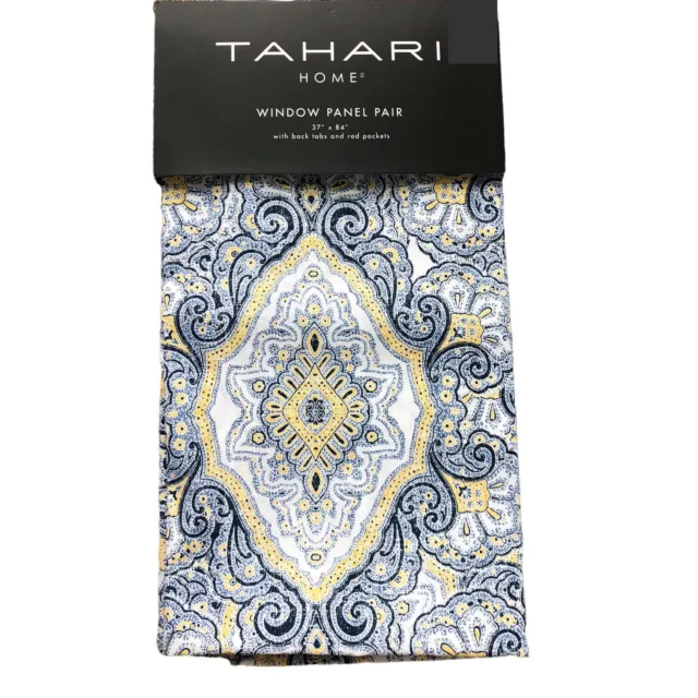 Tahari Drapes Floral Medallion Window Panels Set Curtains Blue Yellow 37x84 New