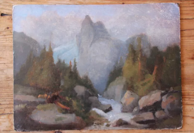 Peinture à l'huile ancienne XIXe. Paysage de montagne