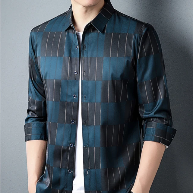Uomo Plaid Quadri Raso Camicia Smart Bottoni Casual Camicetta Festa Formale