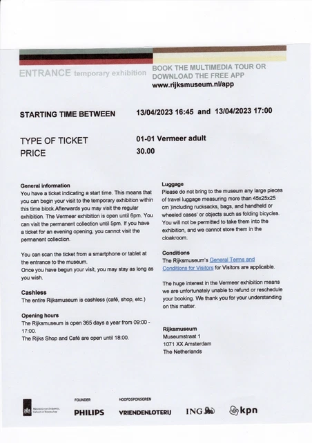 Vermeer Ausstellung/Exhibition - Rijks Museum - 2x E-Ticket 13/04/2023 16:45