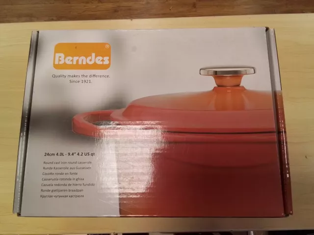 Brand New in Box Berndes 24cm 4.0 Litre Cast Iron Red Round Casserole Dish  With Lid 