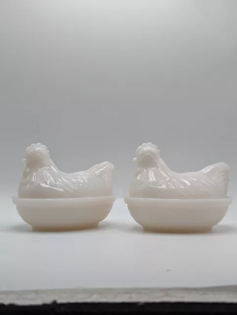 Pair (2) Vintage HAZEL ATLAS Milk Glass Hen On Nest Chicken Candy Trinket Dish