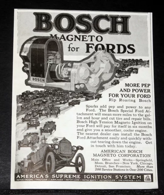 1919 Old Magazine Print Ad, American Bosch Magneto For Fords, More Pep & Power!