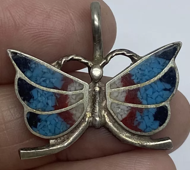 Early Navajo Butterfly Pendant Sterling Silver Crushed Turquoise Old Pawn (#5)